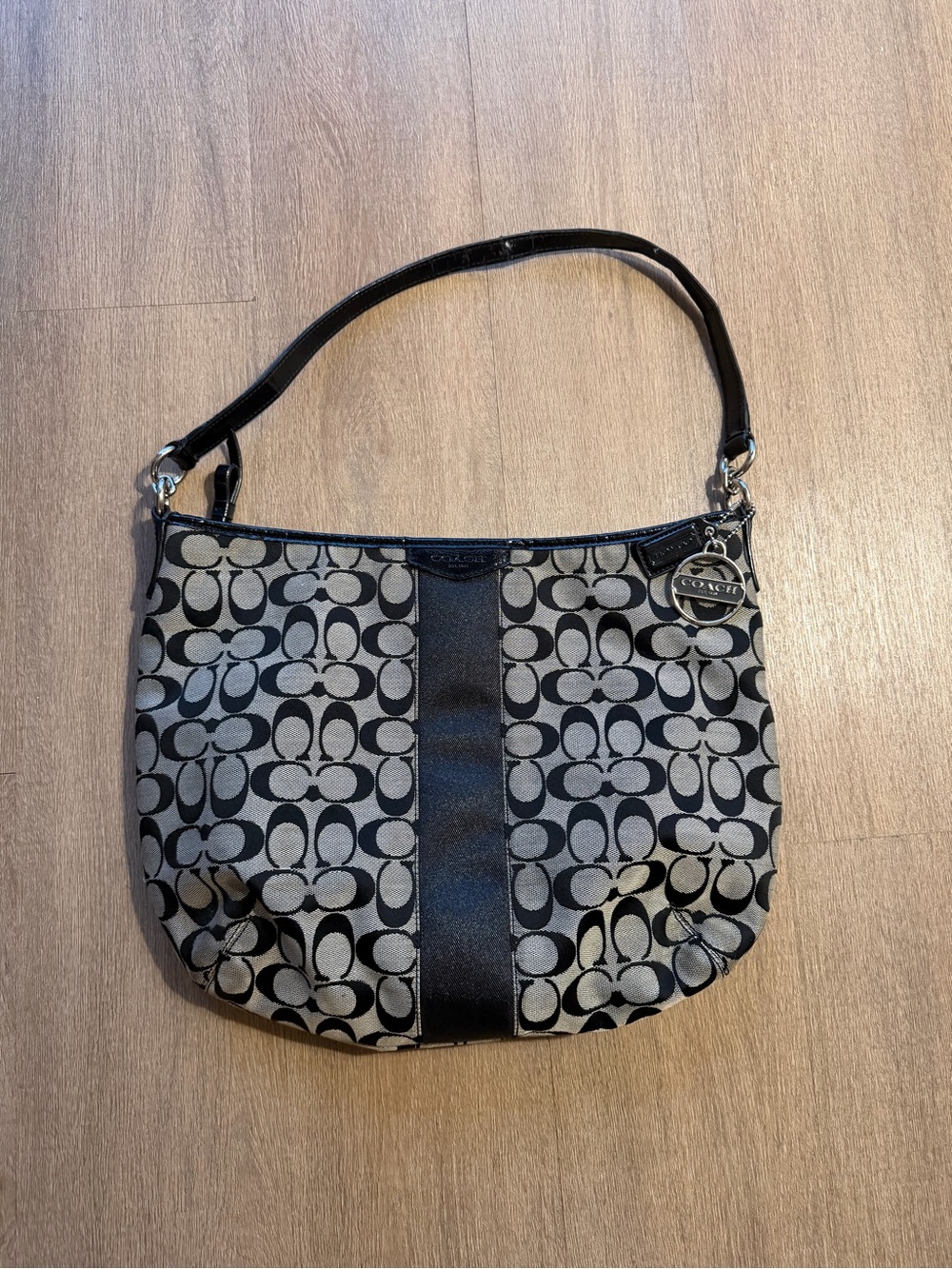 Coach Black and Gray Signature Hobo Shoulder Bag